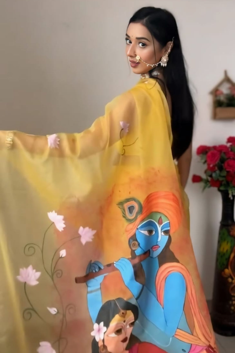 Vivacious 1-Minute Ready To Wear Yellow Organza Silk Saree - thelotusfab