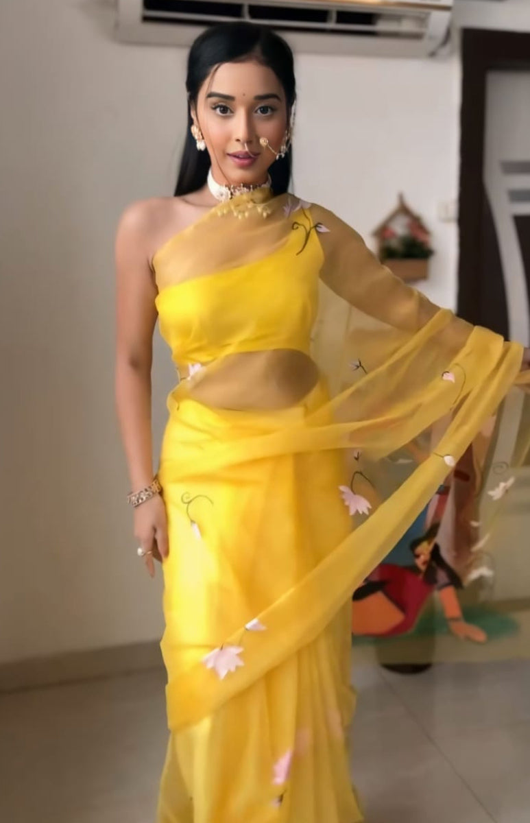 Vivacious 1-Minute Ready To Wear Yellow Organza Silk Saree - thelotusfab