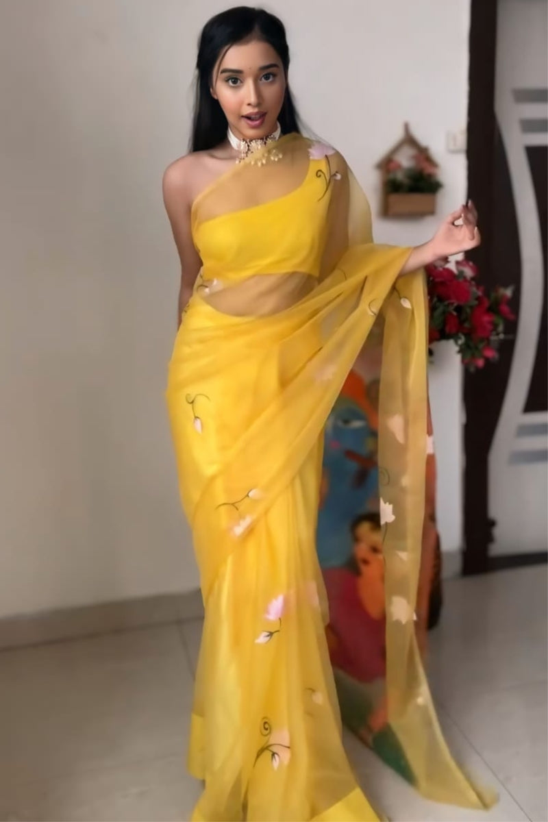 Vivacious 1-Minute Ready To Wear Yellow Organza Silk Saree - thelotusfab