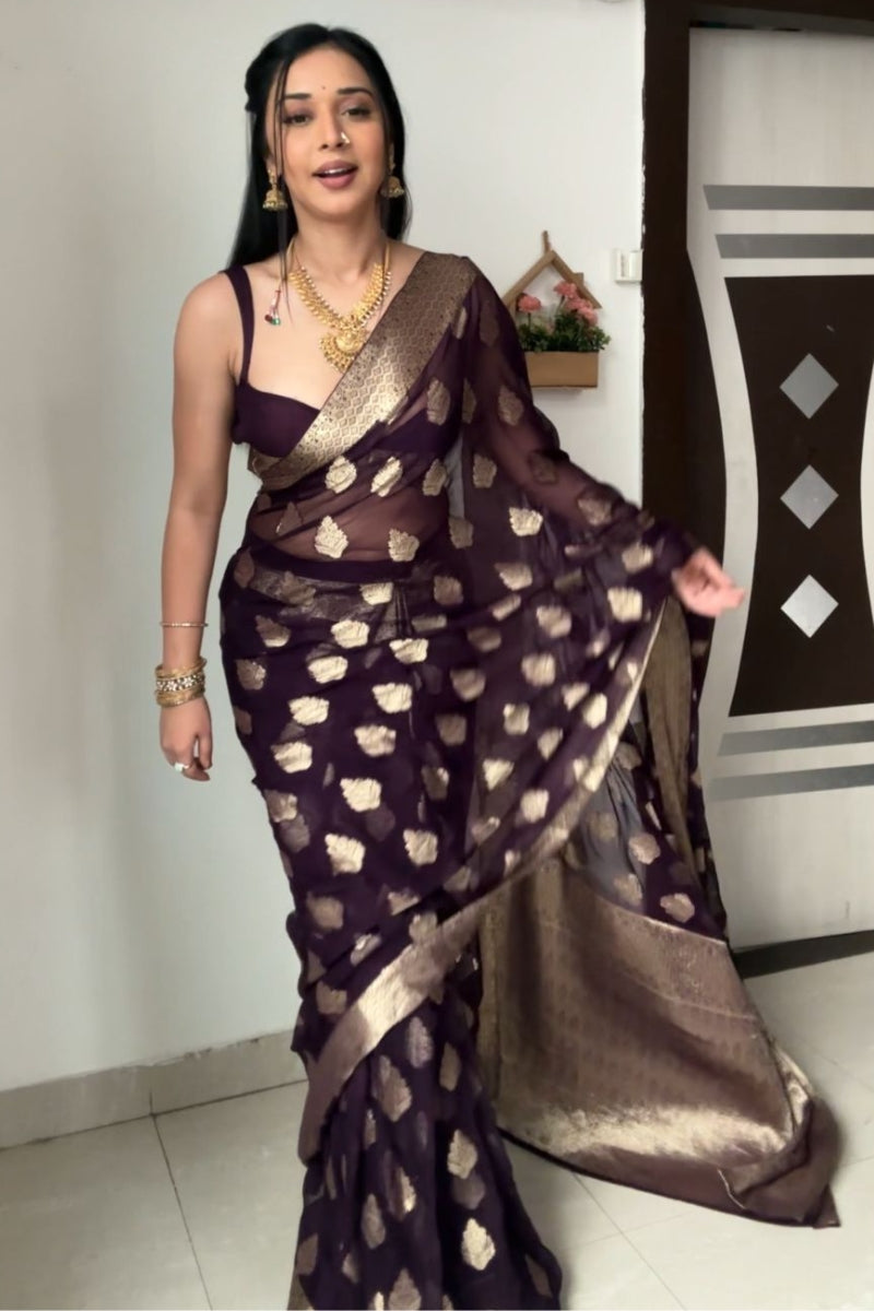 Surpassing 1-Minute Ready To Wear Dark Purple Cotton Silk Saree - thelotusfab