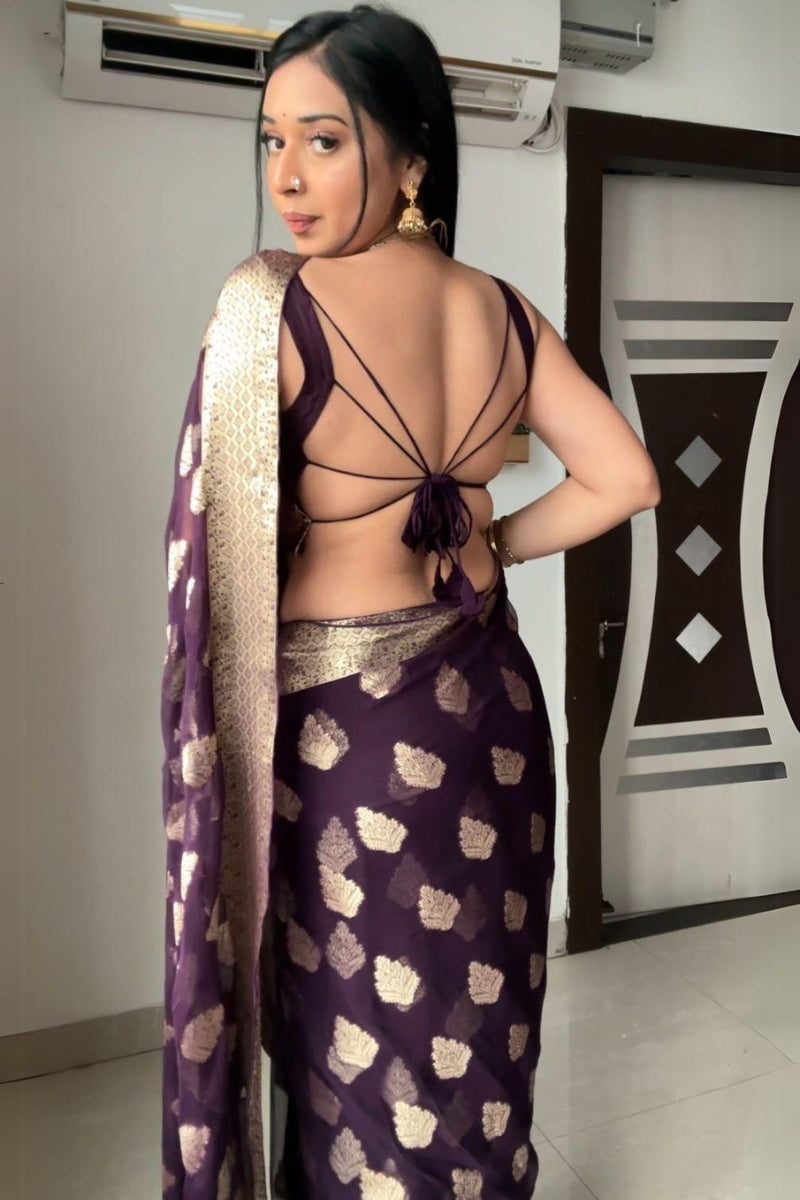 Surpassing 1-Minute Ready To Wear Dark Purple Cotton Silk Saree - thelotusfab