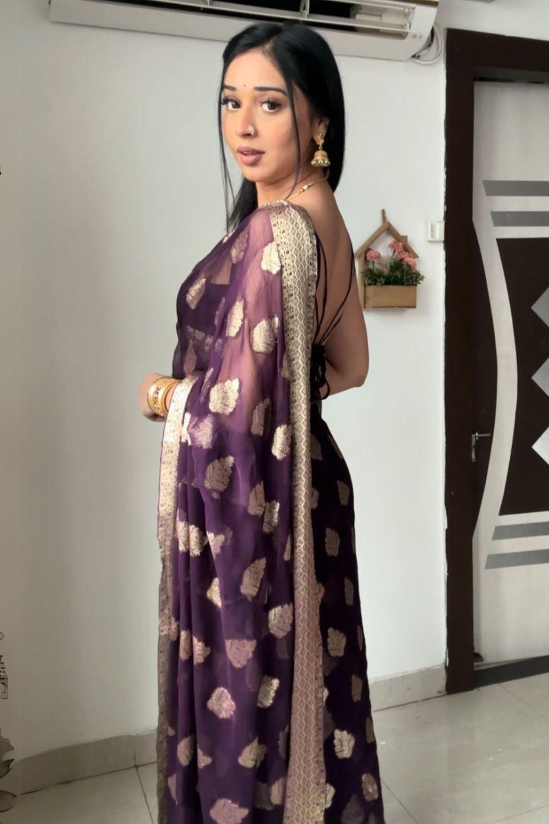 Surpassing 1-Minute Ready To Wear Dark Purple Cotton Silk Saree - thelotusfab