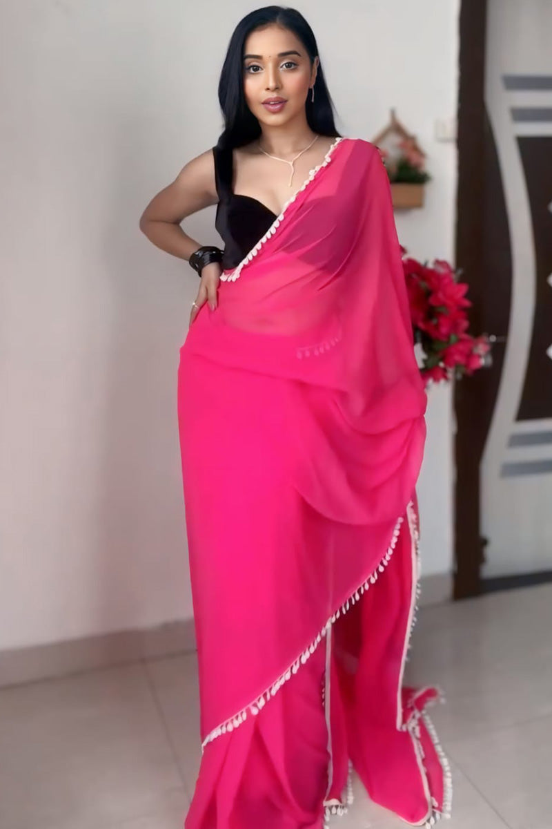 Eye-catching 1-Minute Ready To Wear Pink Georgette Saree - thelotusfab