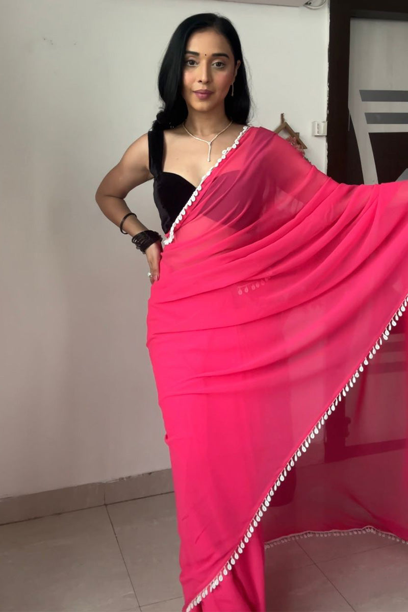 Eye-catching 1-Minute Ready To Wear Pink Georgette Saree - thelotusfab