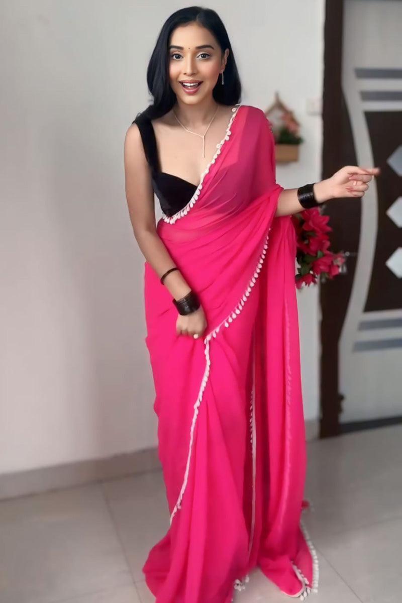 Eye-catching 1-Minute Ready To Wear Pink Georgette Saree - thelotusfab