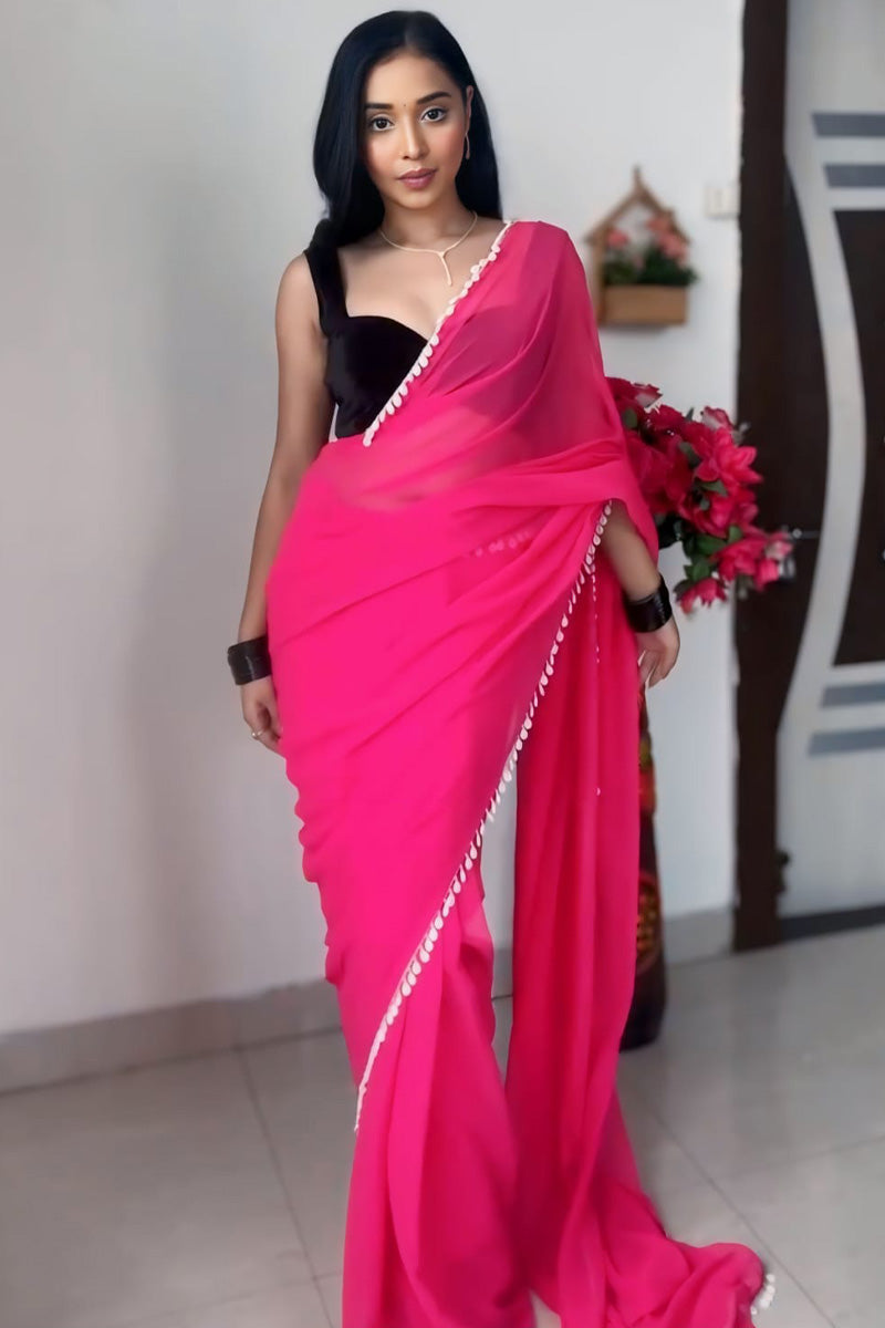 Eye-catching 1-Minute Ready To Wear Pink Georgette Saree - thelotusfab