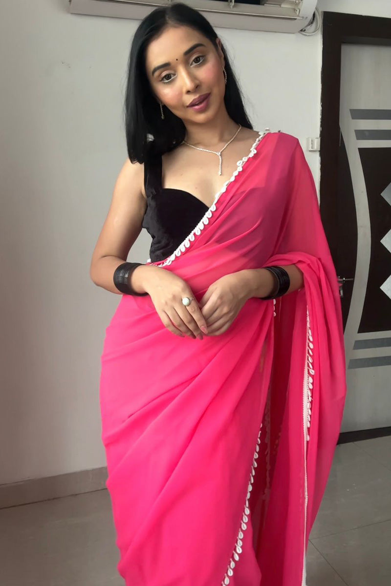 Eye-catching 1-Minute Ready To Wear Pink Georgette Saree - thelotusfab