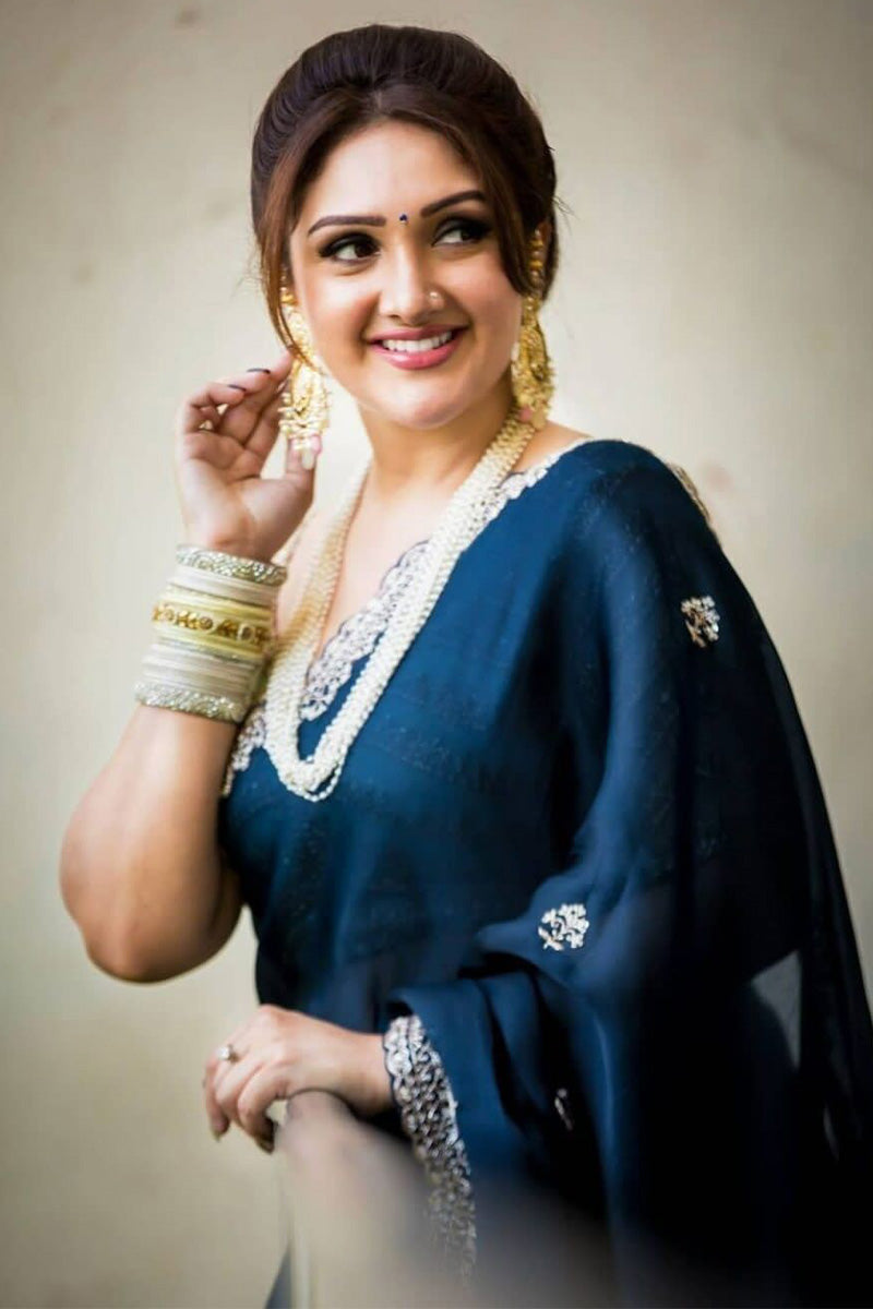 Engrossing Navy Blue Embroidery Work Georgette Saree With Inspiring Blouse Piece - thelotusfab