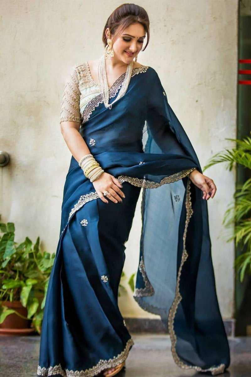 Engrossing Navy Blue Embroidery Work Georgette Saree With Inspiring Blouse Piece - thelotusfab