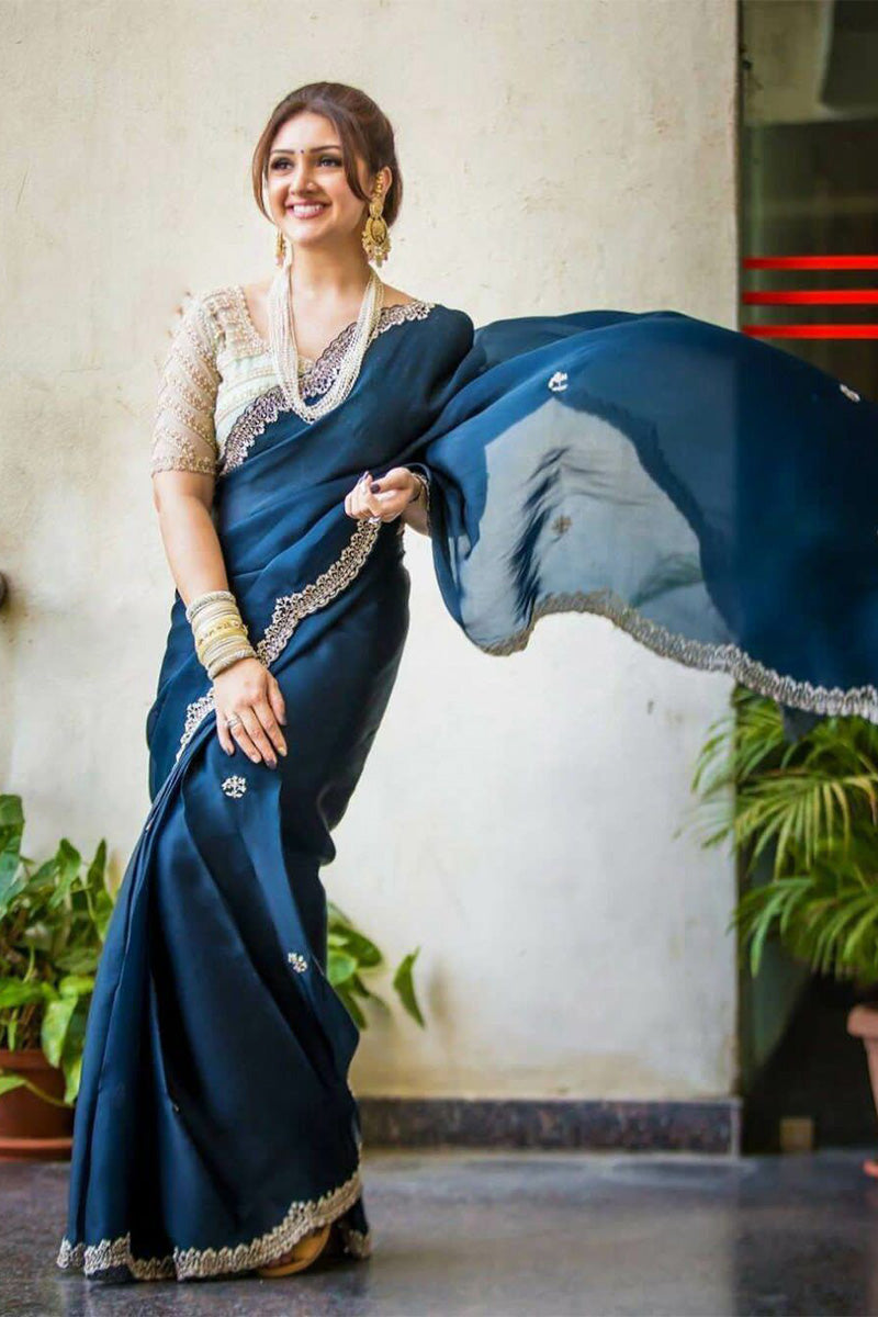 Engrossing Navy Blue Embroidery Work Georgette Saree With Inspiring Blouse Piece - thelotusfab