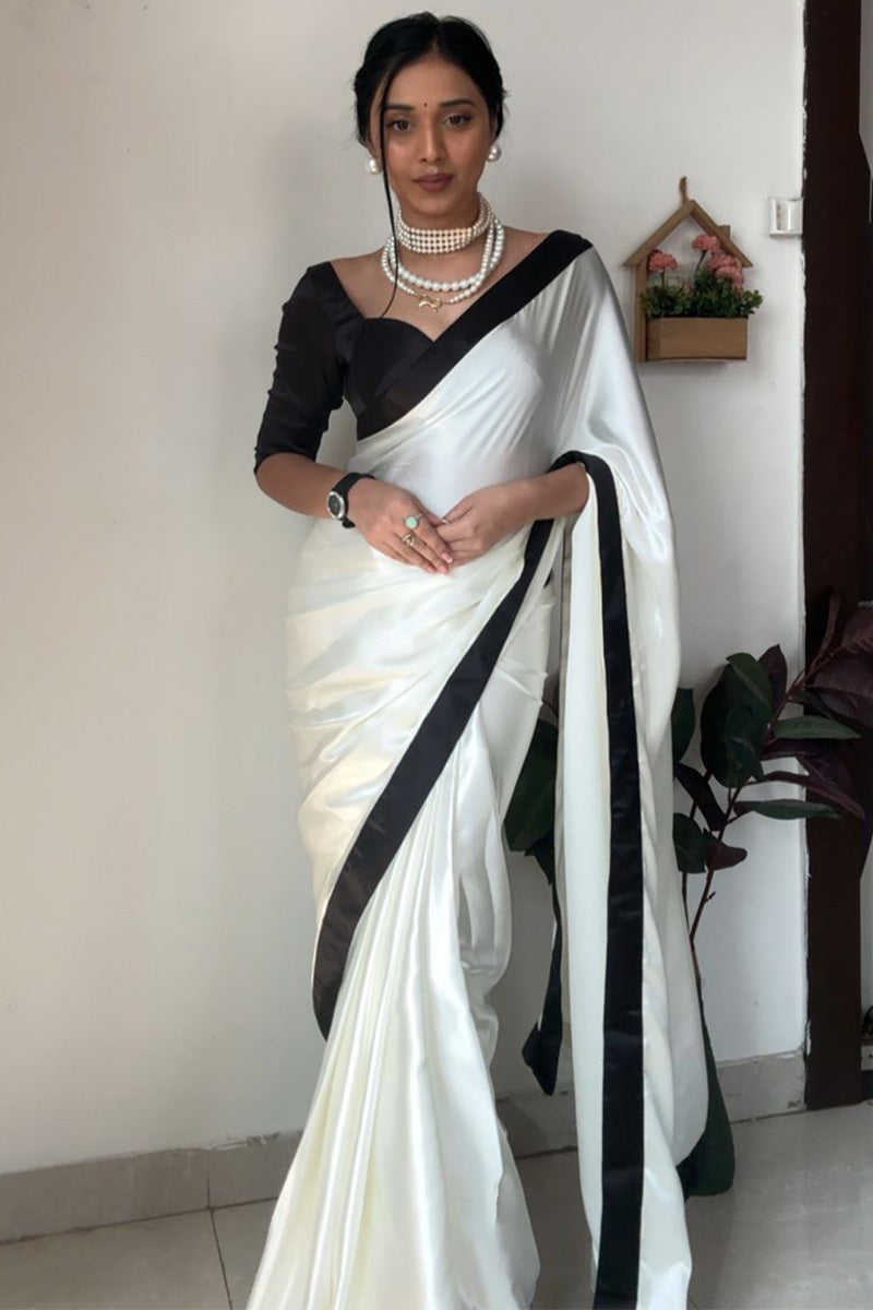 Adorable 1-Minute Ready To Wear White Satin Silk Saree - thelotusfab