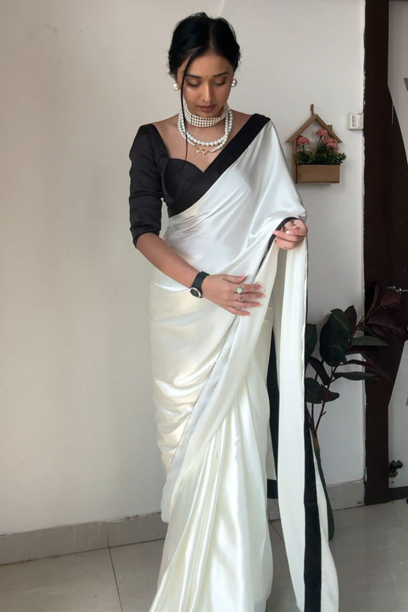 Adorable 1-Minute Ready To Wear White Satin Silk Saree - thelotusfab