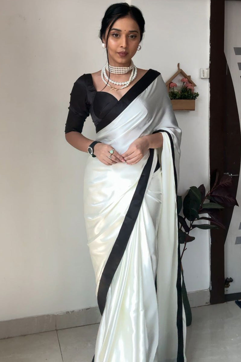 Adorable 1-Minute Ready To Wear White Satin Silk Saree - thelotusfab