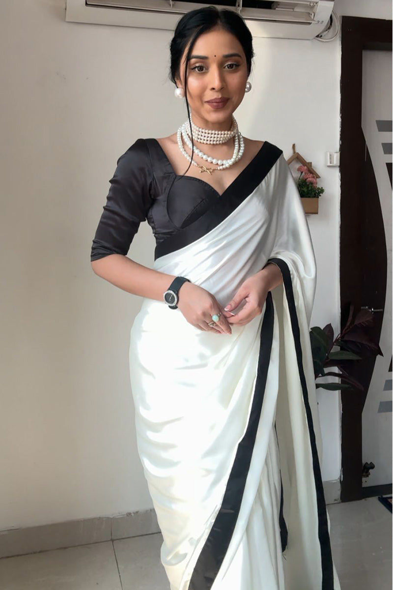 Adorable 1-Minute Ready To Wear White Satin Silk Saree - thelotusfab