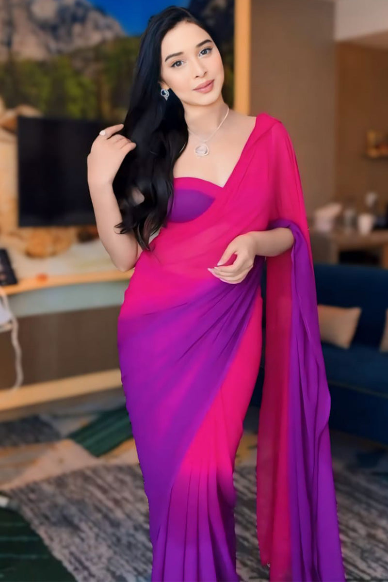 Twirling 1-Minute Ready To Wear Pink and Purple Georgette Saree - thelotusfab