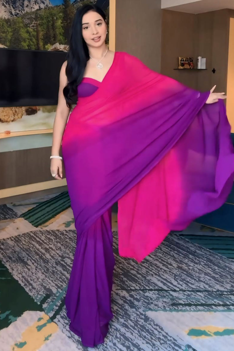 Twirling 1-Minute Ready To Wear Pink and Purple Georgette Saree - thelotusfab