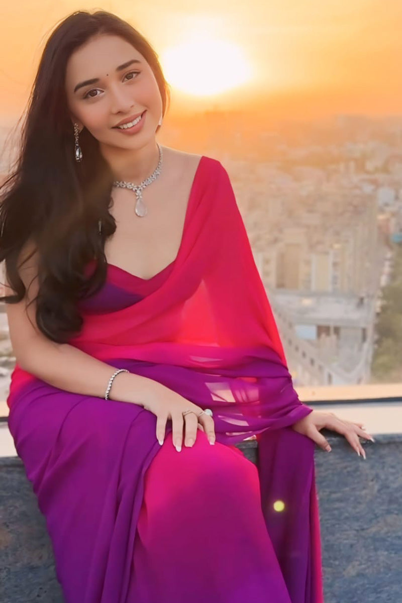 Twirling 1-Minute Ready To Wear Pink and Purple Georgette Saree - thelotusfab