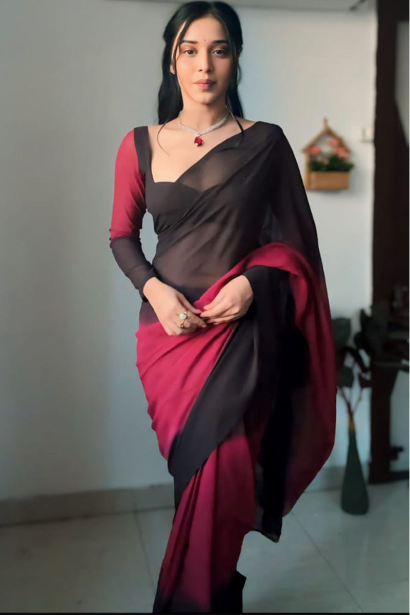 Preferable 1-Minute Ready To Wear Black and Maroon Georgette Saree - thelotusfab