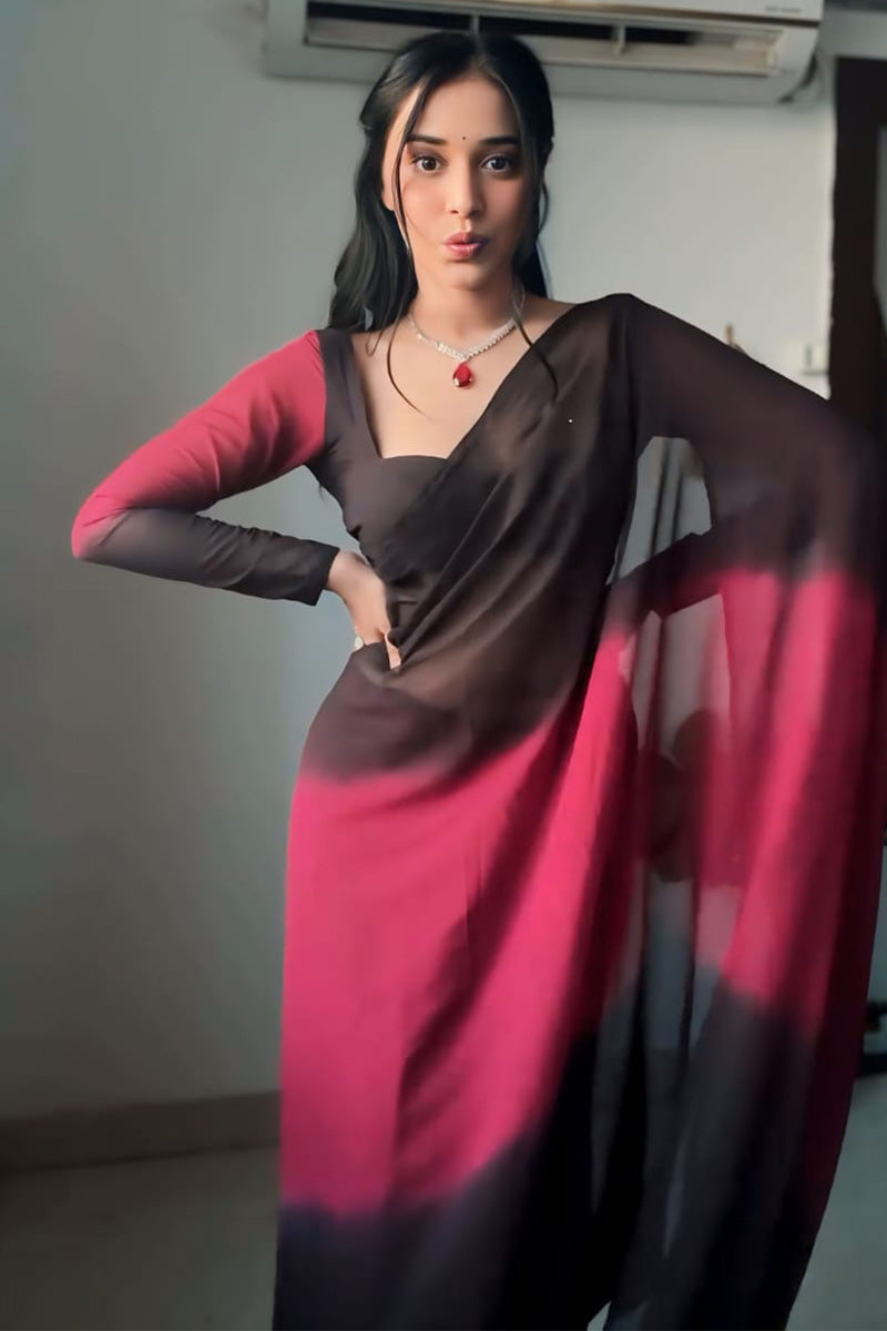 Preferable 1-Minute Ready To Wear Black and Maroon Georgette Saree - thelotusfab