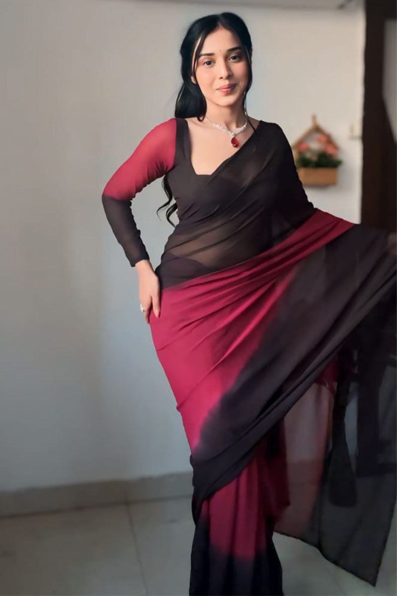 Preferable 1-Minute Ready To Wear Black and Maroon Georgette Saree - thelotusfab