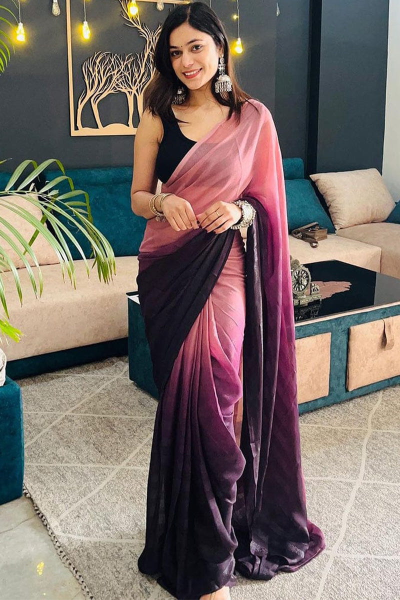 Super classy 1-Minute Ready To Wear Peach and Wine Georgette Saree - thelotusfab