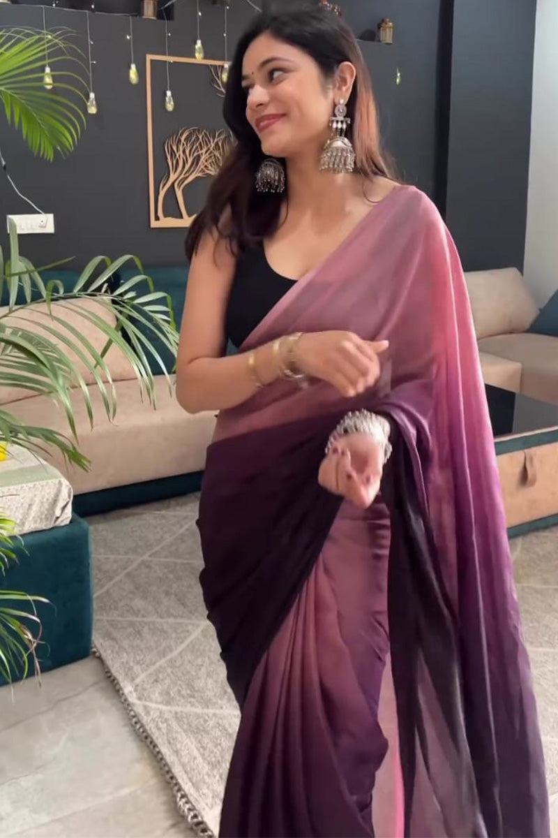 Super classy 1-Minute Ready To Wear Peach and Wine Georgette Saree - thelotusfab