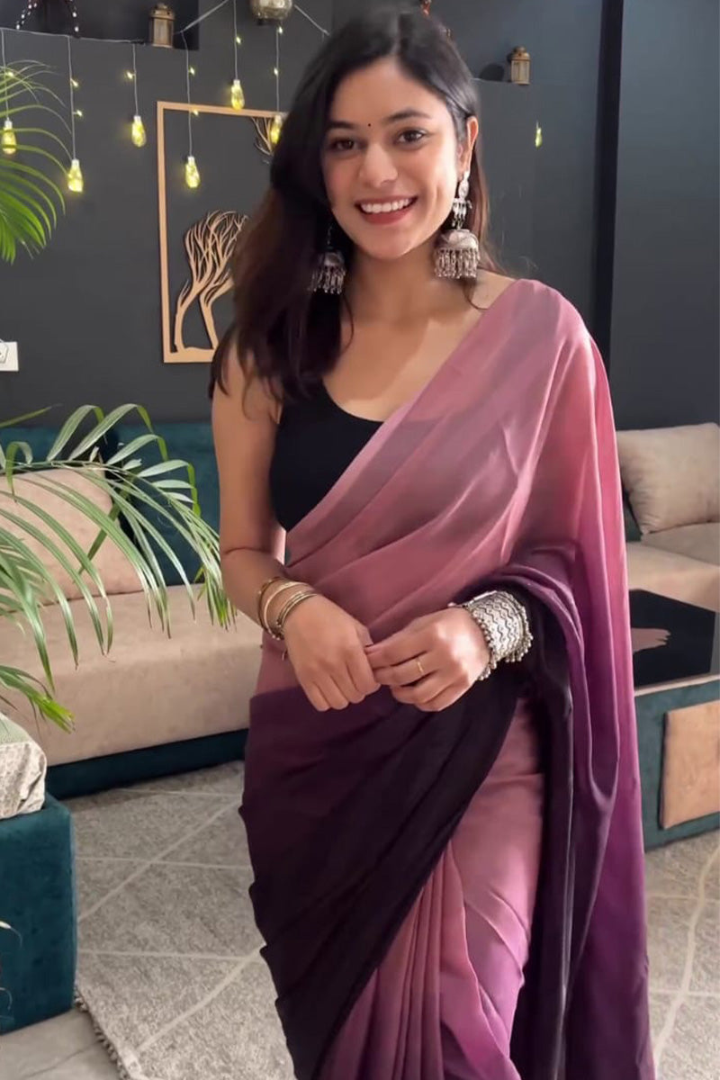 Super classy 1-Minute Ready To Wear Peach and Wine Georgette Saree - thelotusfab