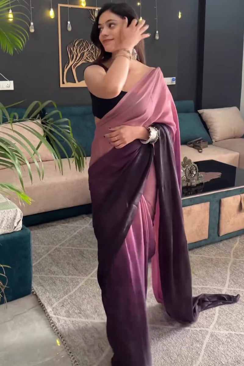 Super classy 1-Minute Ready To Wear Peach and Wine Georgette Saree - thelotusfab