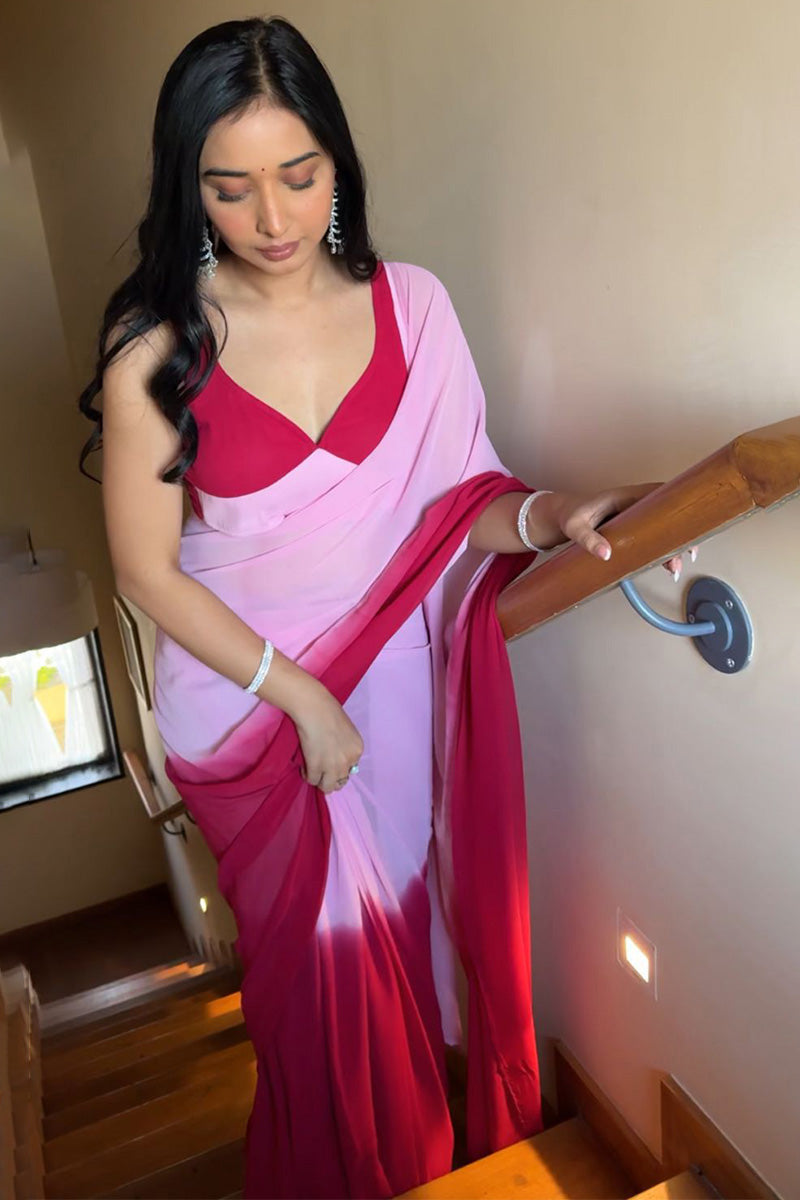 Extraordinary 1-Minute Ready To Wear Pink And Red Georgette Saree - thelotusfab