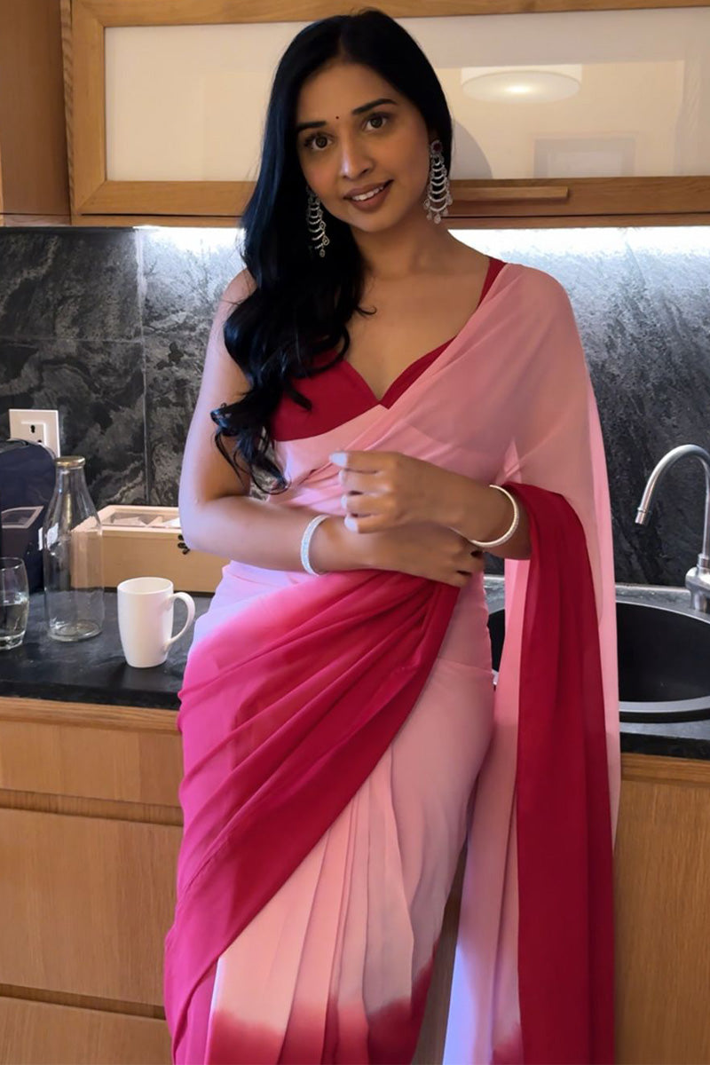 Extraordinary 1-Minute Ready To Wear Pink And Red Georgette Saree - thelotusfab