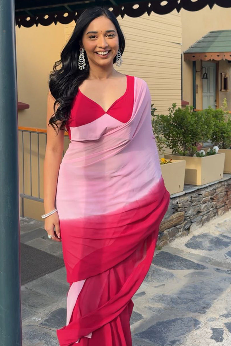 Extraordinary 1-Minute Ready To Wear Pink And Red Georgette Saree - thelotusfab