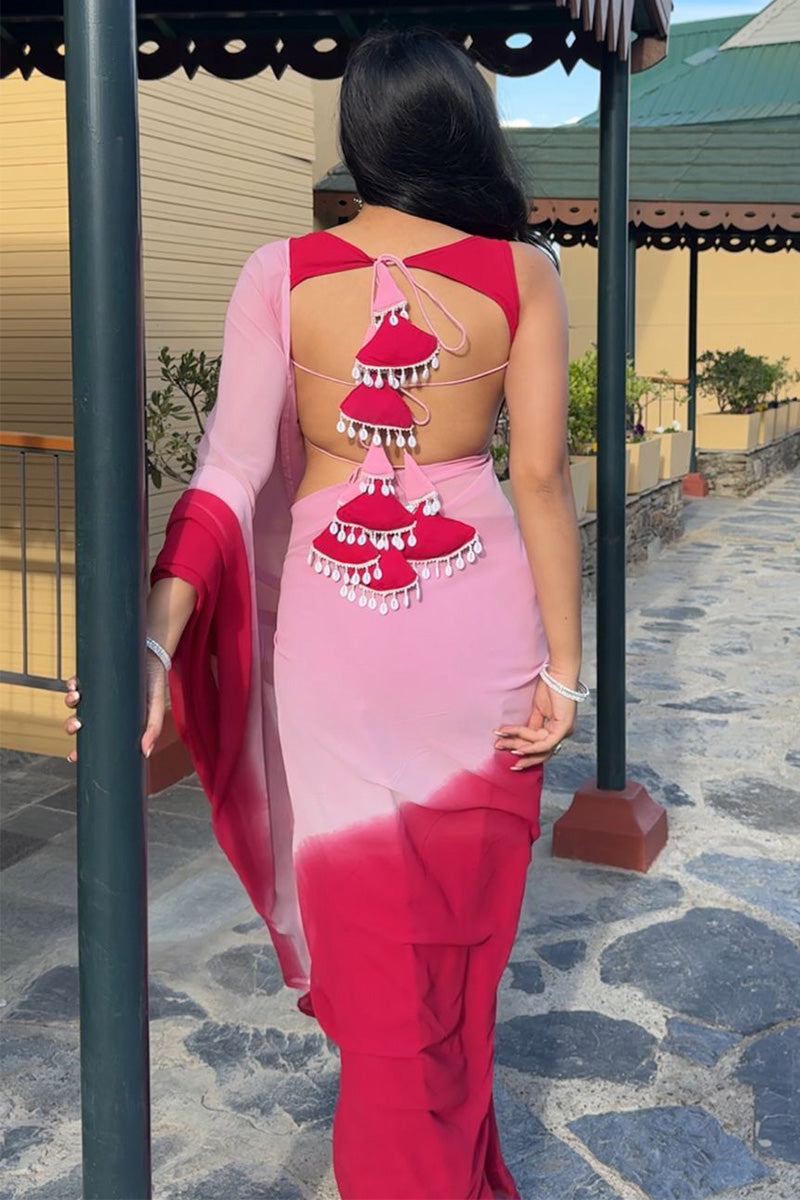 Extraordinary 1-Minute Ready To Wear Pink And Red Georgette Saree - thelotusfab