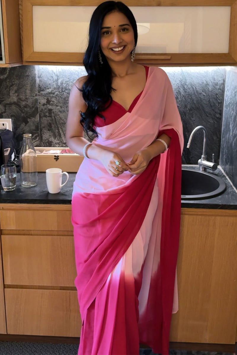 Extraordinary 1-Minute Ready To Wear Pink And Red Georgette Saree - thelotusfab