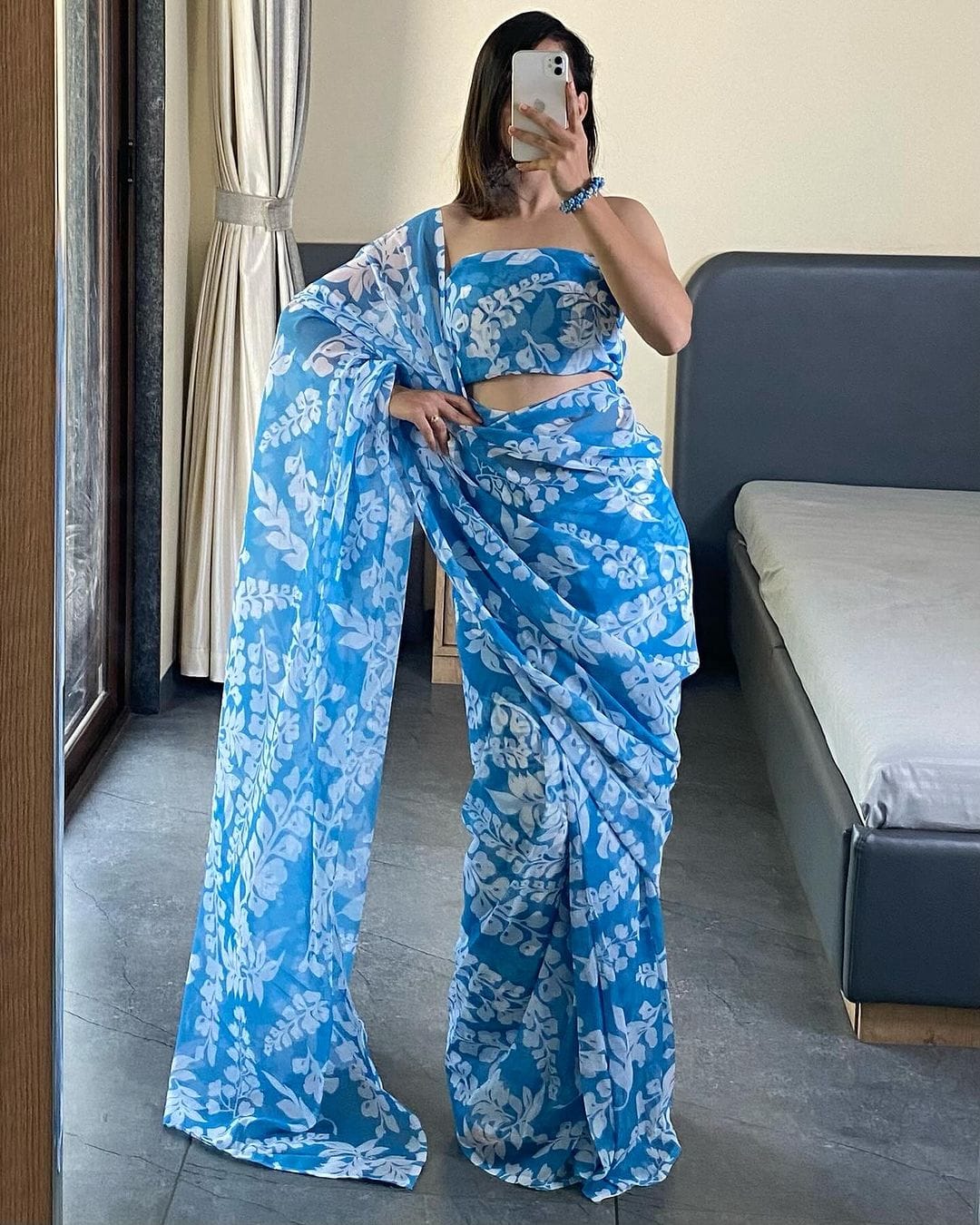 Adorning 1-Minute Ready To Wear Firozi Georgette Saree - thelotusfab