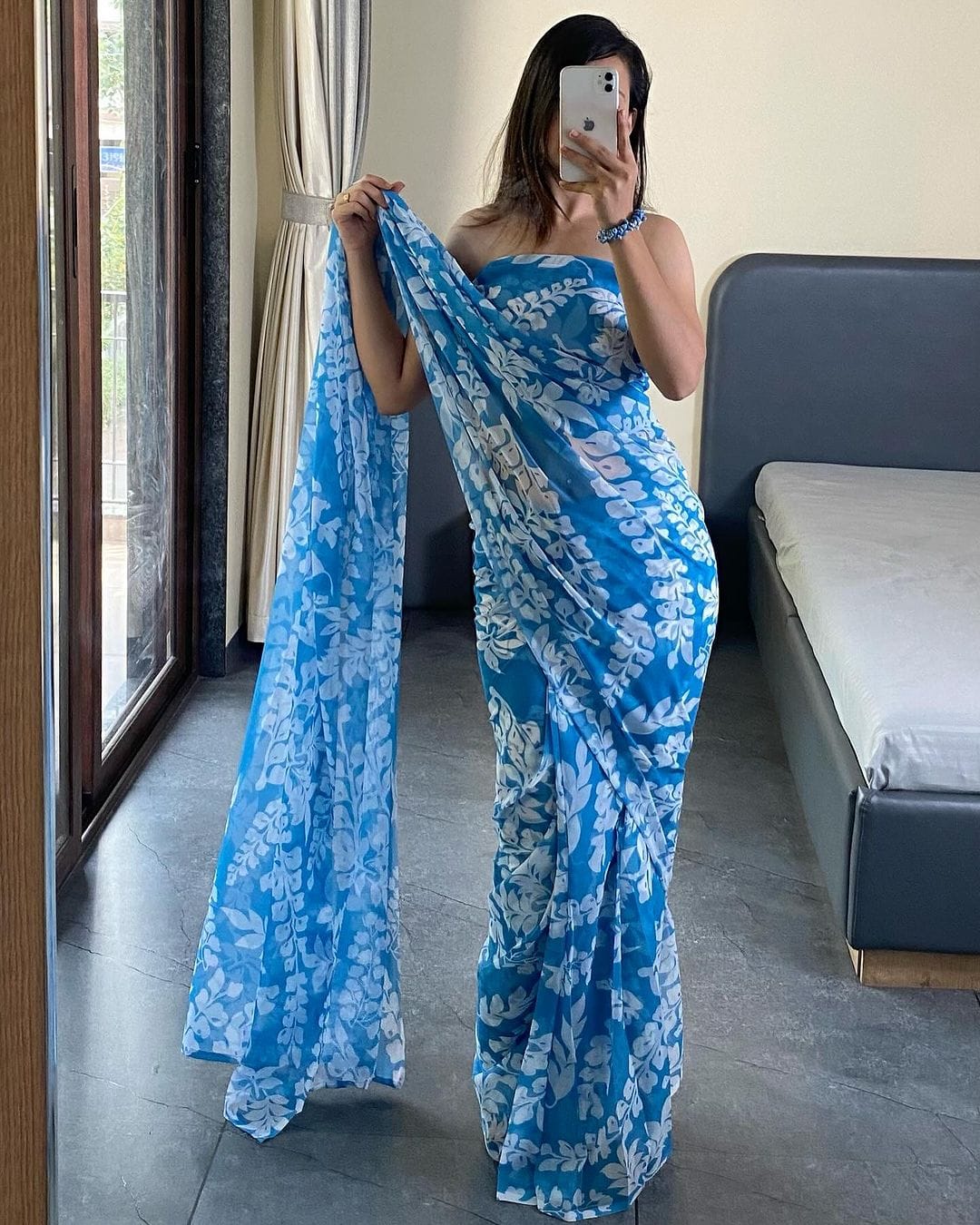 Adorning 1-Minute Ready To Wear Firozi Georgette Saree - thelotusfab