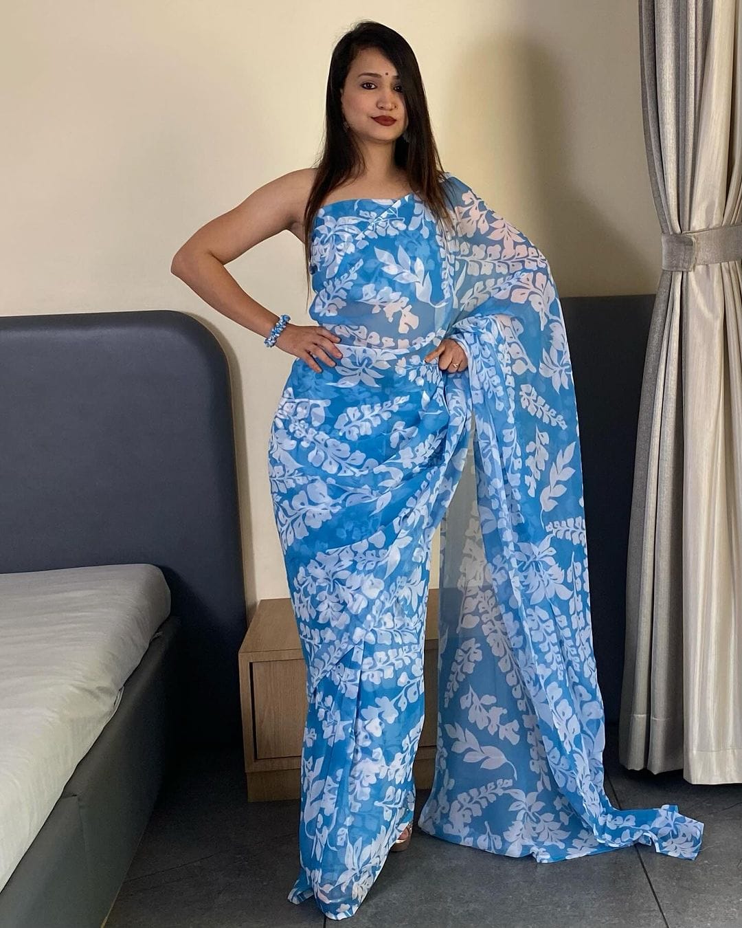 Adorning 1-Minute Ready To Wear Firozi Georgette Saree - thelotusfab