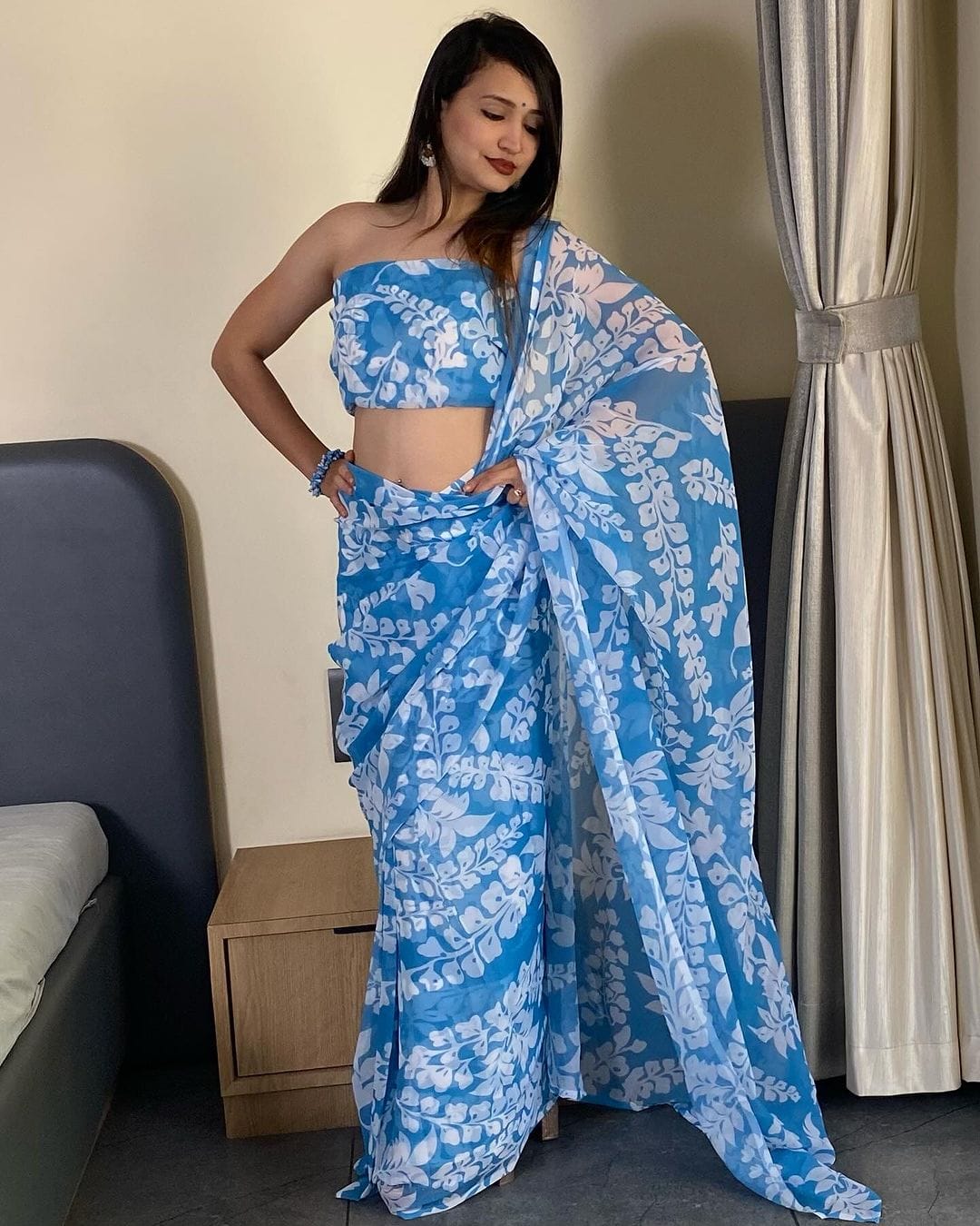 Adorning 1-Minute Ready To Wear Firozi Georgette Saree - thelotusfab