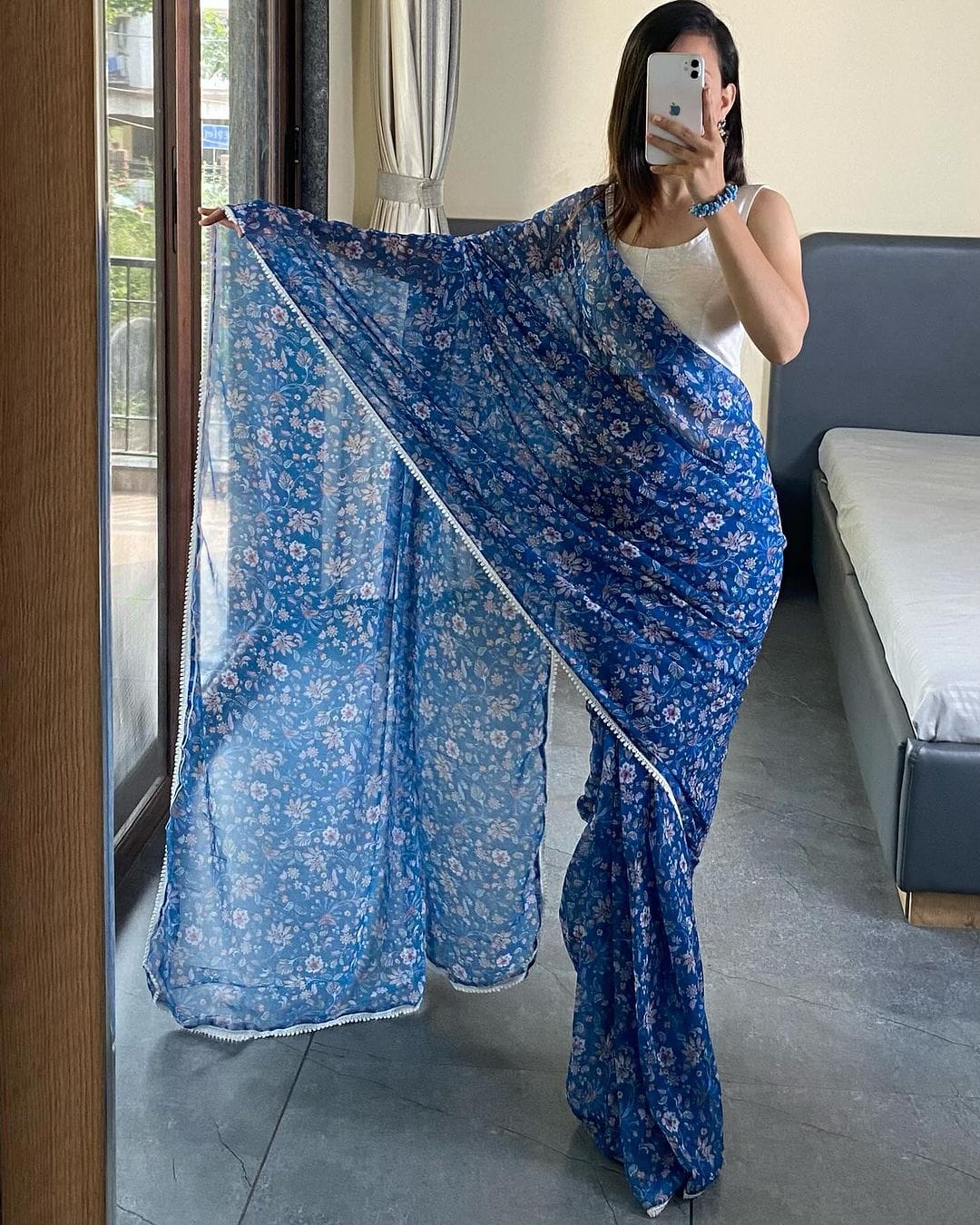 Enthralling 1-Minute Ready To Wear Blue Georgette Saree - thelotusfab