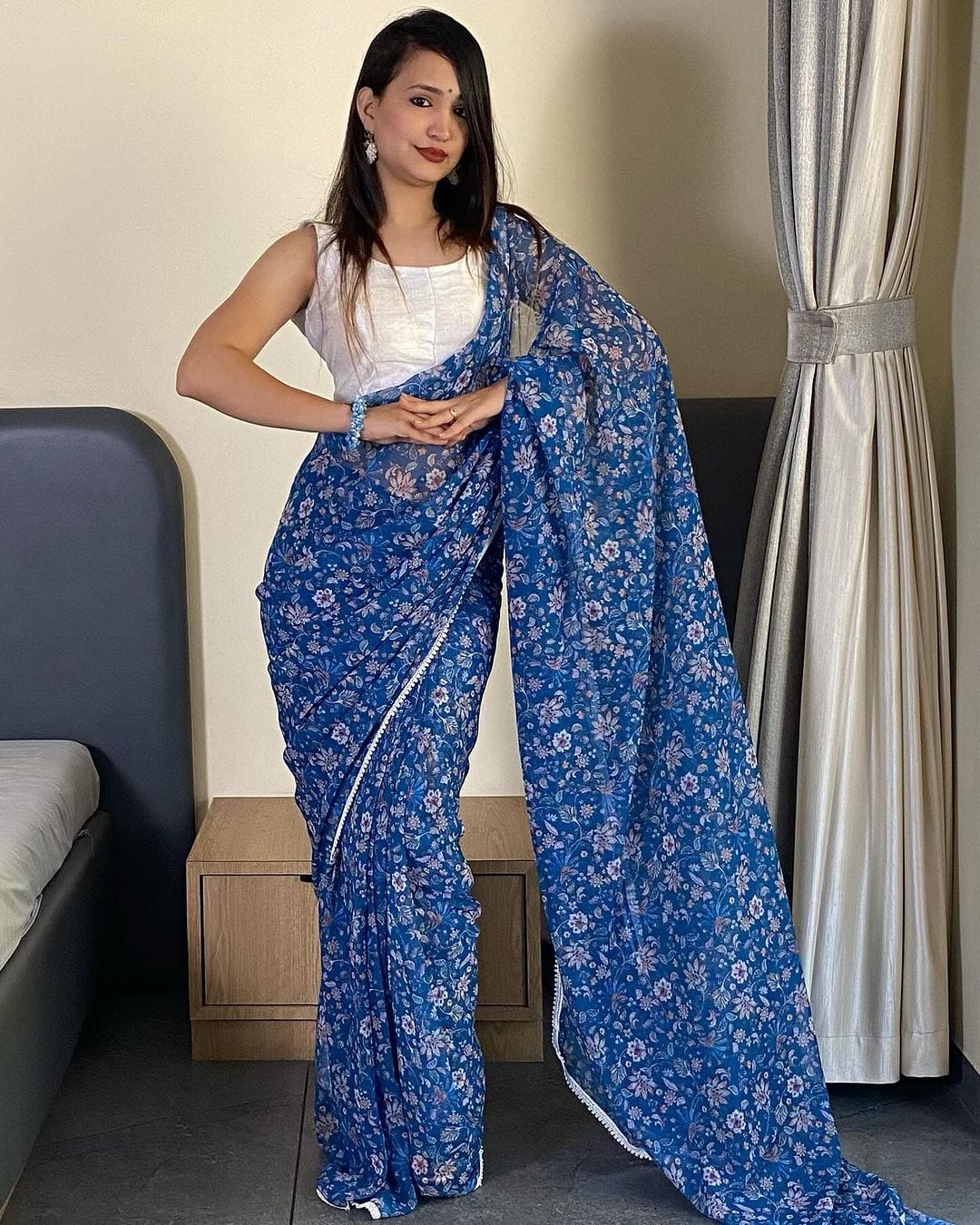 Enthralling 1-Minute Ready To Wear Blue Georgette Saree - thelotusfab