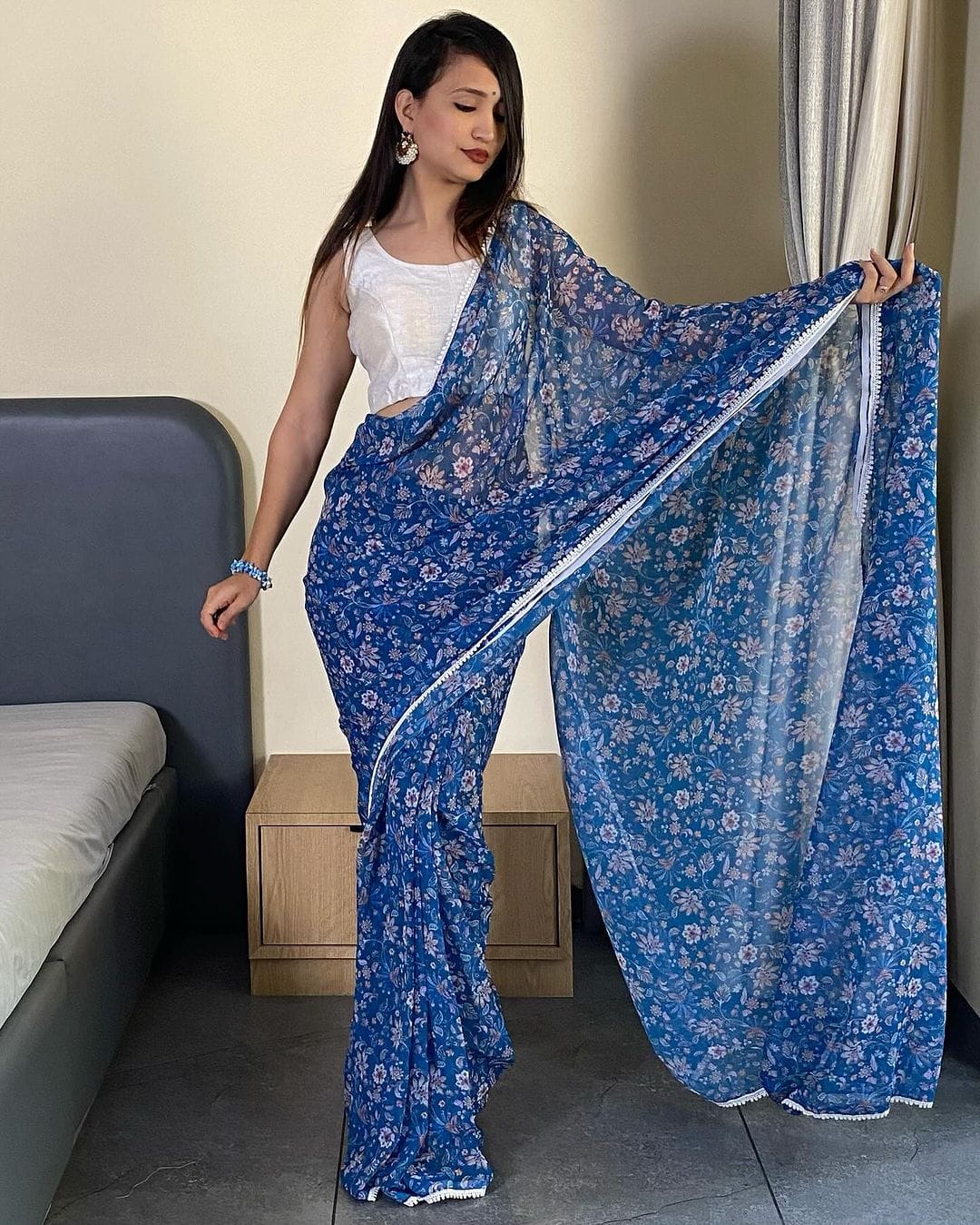 Enthralling 1-Minute Ready To Wear Blue Georgette Saree - thelotusfab