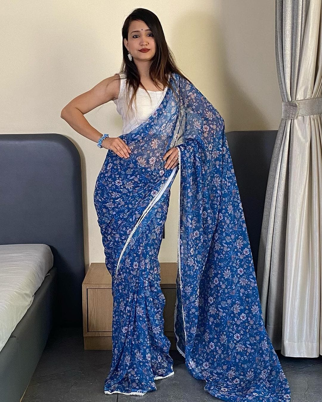 Enthralling 1-Minute Ready To Wear Blue Georgette Saree - thelotusfab