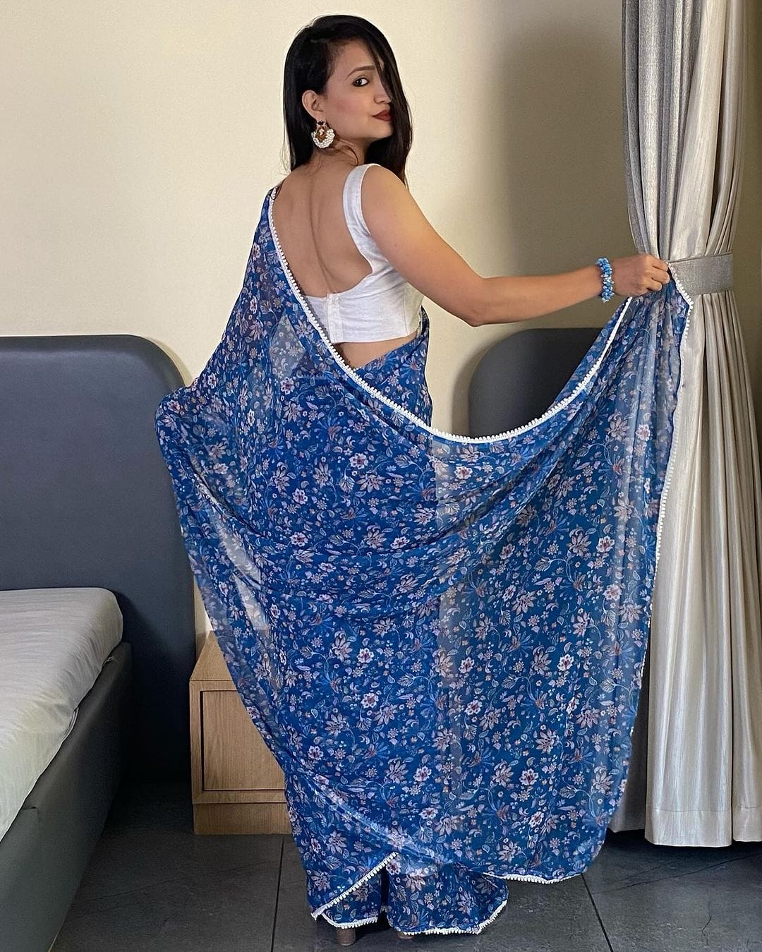 Enthralling 1-Minute Ready To Wear Blue Georgette Saree - thelotusfab