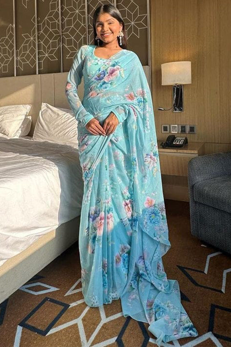 Fancifull 1-Minute Ready To Wear Sky Georgette Saree - thelotusfab