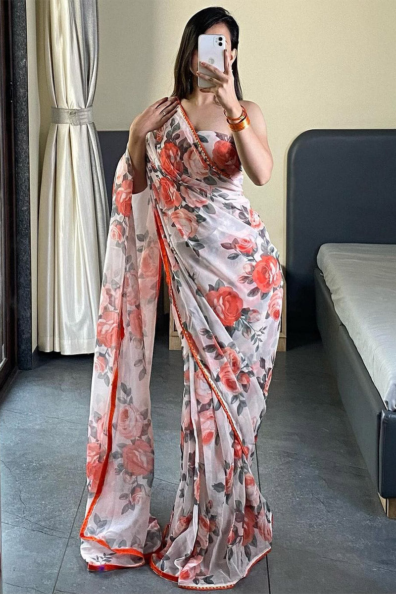 Sizzling 1-Minute Ready To Wear White Georgette Saree - thelotusfab