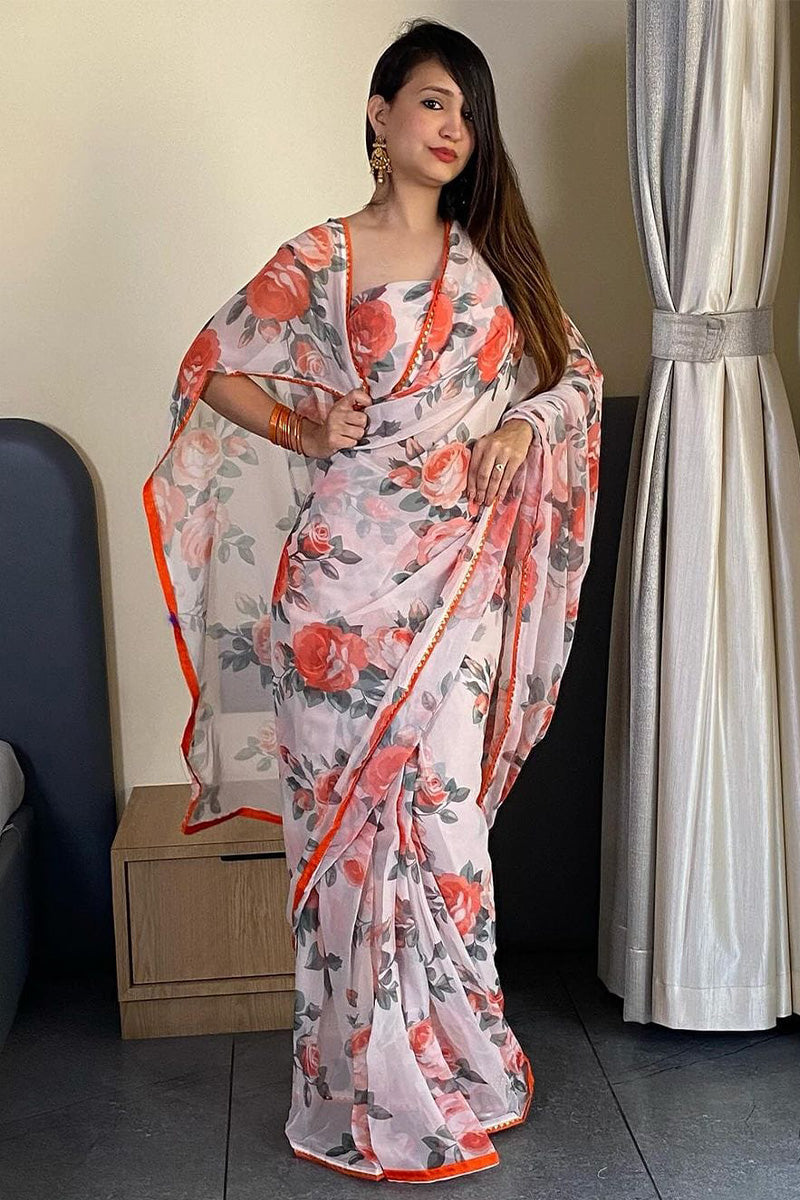 Sizzling 1-Minute Ready To Wear White Georgette Saree - thelotusfab