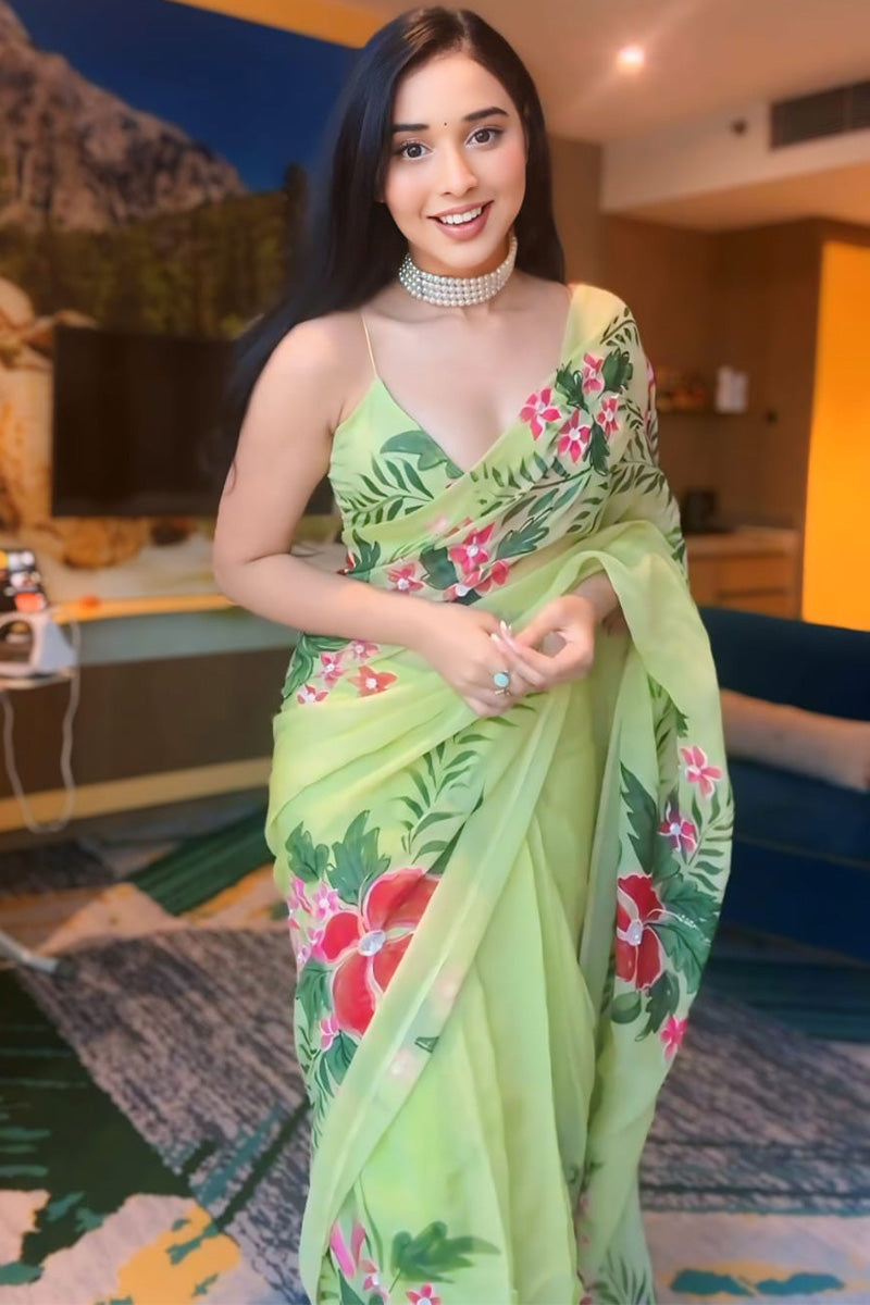 Lovely 1-Minute Ready To Wear Pista Georgette Saree - thelotusfab