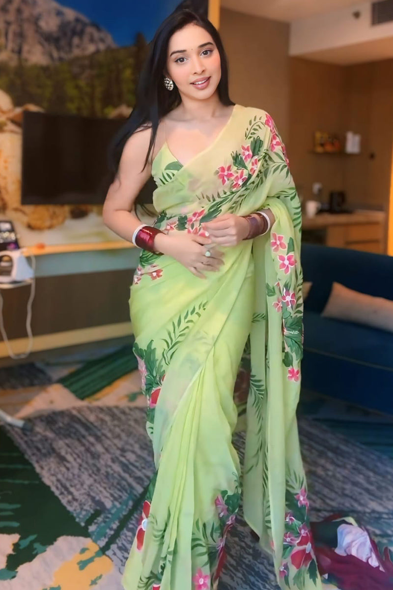 Lovely 1-Minute Ready To Wear Pista Georgette Saree - thelotusfab