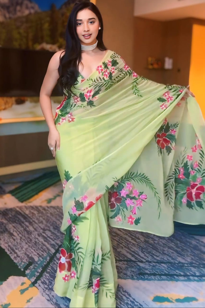 Lovely 1-Minute Ready To Wear Pista Georgette Saree - thelotusfab