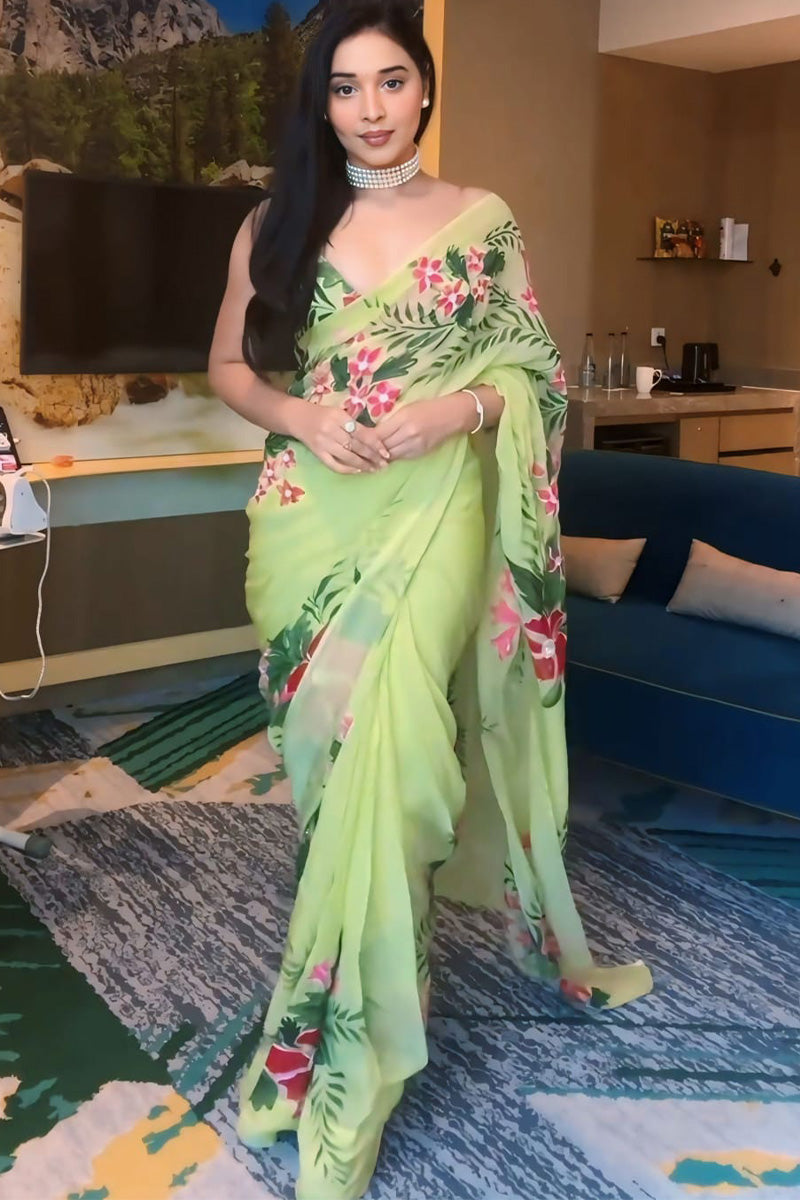 Lovely 1-Minute Ready To Wear Pista Georgette Saree - thelotusfab