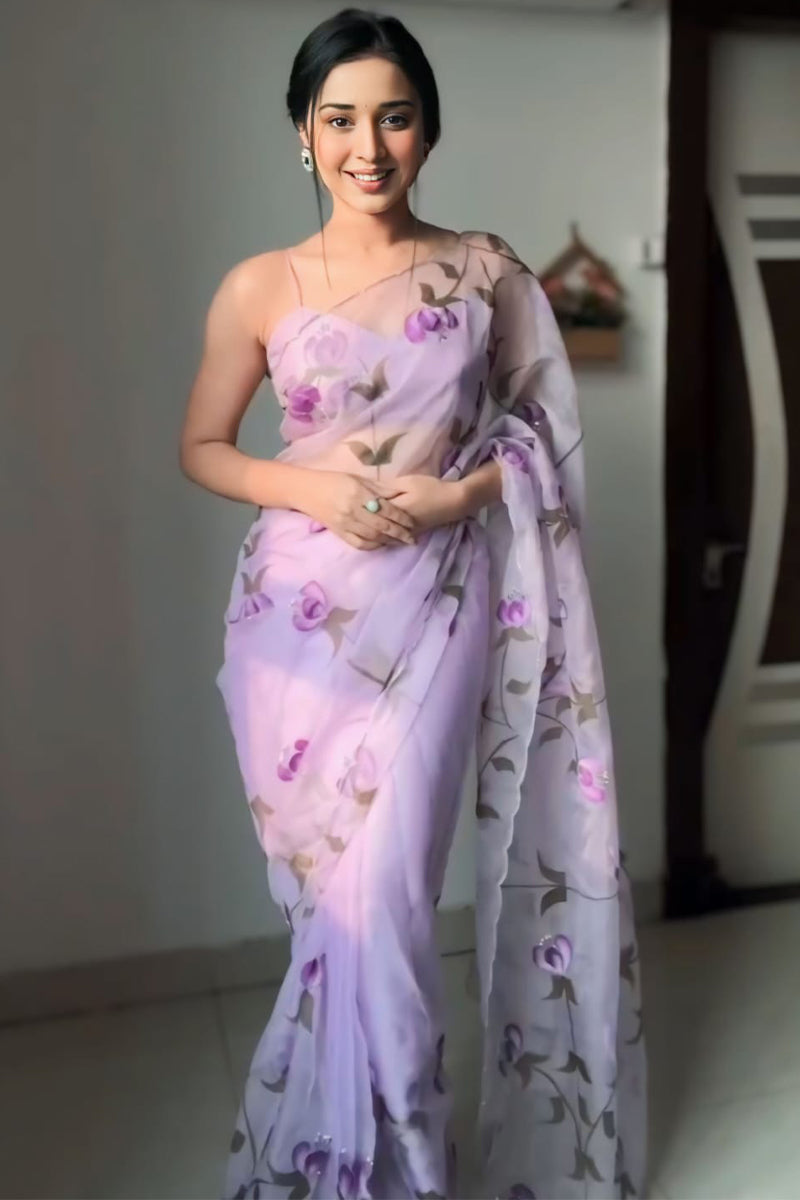 Exquisite 1-Minute Ready To Wear Lavender Organza Silk Saree - thelotusfab